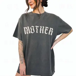 Women's Gothic Streetwear Cotton Top - Old English "Mother" Graphics, Alt Women's T-Shirts, Trendy Alternative Metal Core, Oversized Slim-Fit Round Neck, Soft Smooth Seamless Solid Fabric