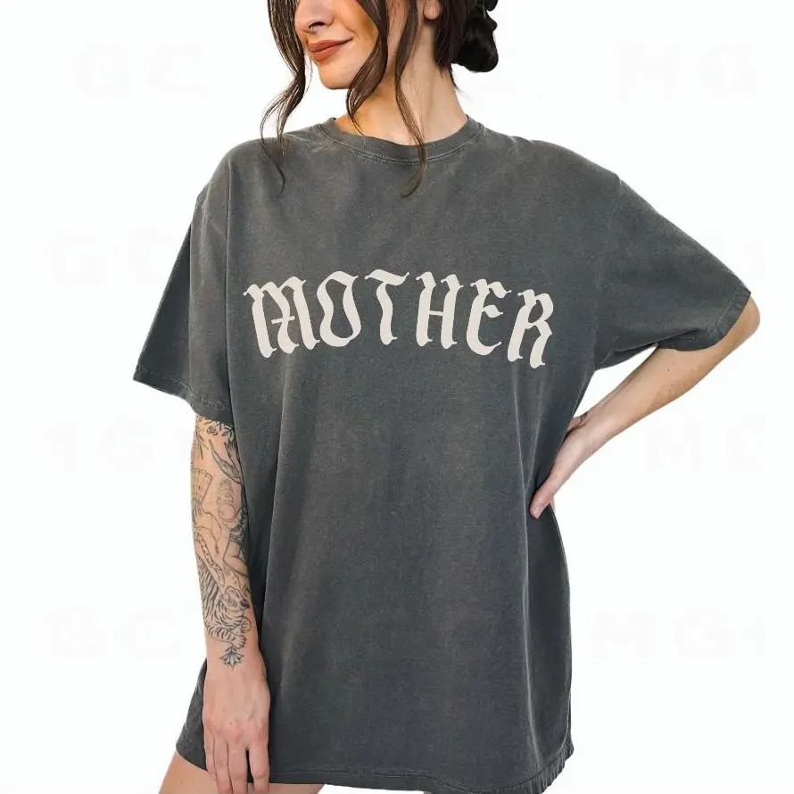 Women's Gothic Streetwear Cotton Top - Old English "Mother" Graphics, Alt Women's T-Shirts, Trendy Alternative Metal Core, Oversized Slim-Fit Round Neck, Soft Smooth Seamless Solid Fabric