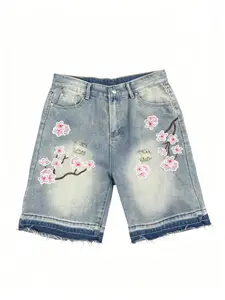 High Waisted Baggy Denim Shorts for Curvy Women, Oversized Loose Fit Cherry Blossom Embroidered Shorts, Raw Hem Distressed Vintage Wash Streetwear Jorts, Casual Summer Festival Outfits