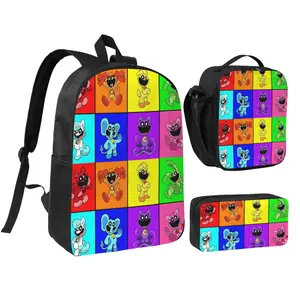 Vibrant 17-Inch Backpack Set for Teens, Water-Resistant 3-Piece Smiling Critters Print with Insulated Lunch Box & Pencil Case