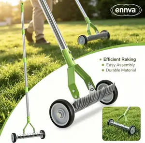Lawn rake, adjustable gardening rake head, 38inch to 65inch handle with wheels, 21 and 11 double-sided steel teeth, heavy-duty weeding rake suitable for both cold and warm season lawns, used for landscaping and lawn maintenance (green) sweeper backyard
