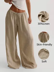 Women's Casual Comfortable Linen Loose Wide Leg Pants, Soft Breathable Elastic Waist Pockets Straight Leg, Spring Summer Daily Wear