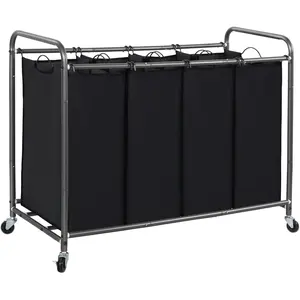 Laundry Sorter 4 Section, Hamper with Wheels and Removable Bags, Black