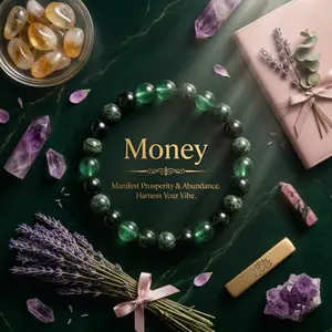 1Pc Natural Crystal Money Attraction Bracelet - Green Aventurine & Black Stone, Wealth Prosperity Protection Amulet, Good Luck Beaded Jewelry Gift for Women