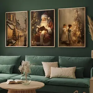 3-Piece Modern Christmas Santa Claus Canvas Wall Art Set, Wooden Frame Home Decor Posters for Living Room & Bedroom Decoration