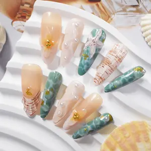Beach Inspired Press On Nails, Stiletto Fake Nails with Teal & Nude Base, Starfish, Seashell & Pearl Accents, Summer Ready