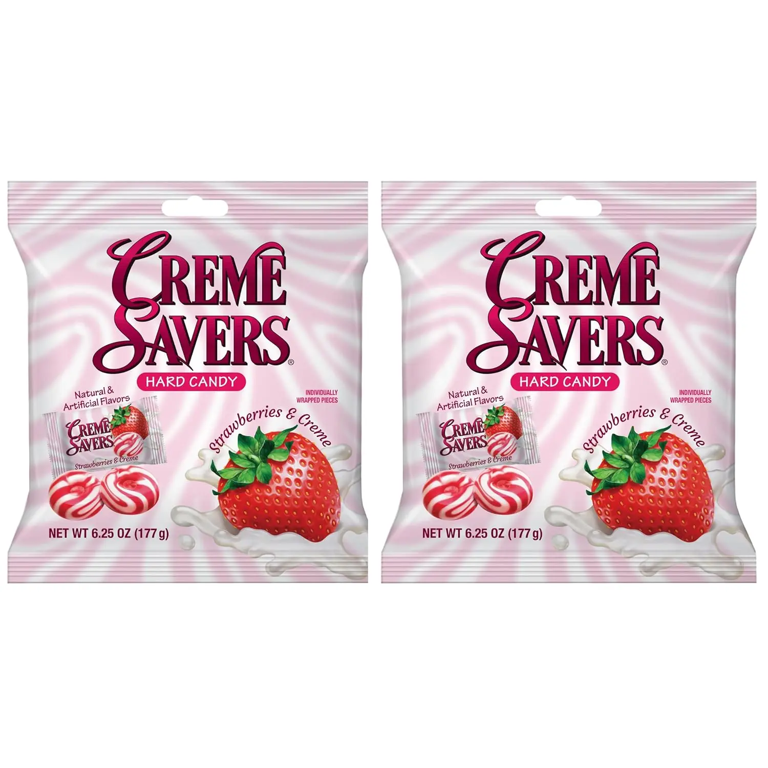 Strawberries and Creme Hard Candy | The Taste of Fresh Strawberries Swirled in Rich Cream | The Original Classic Creme Savers Brought To You By Iconic Candy | Two 6.25oz Strawberry Bags