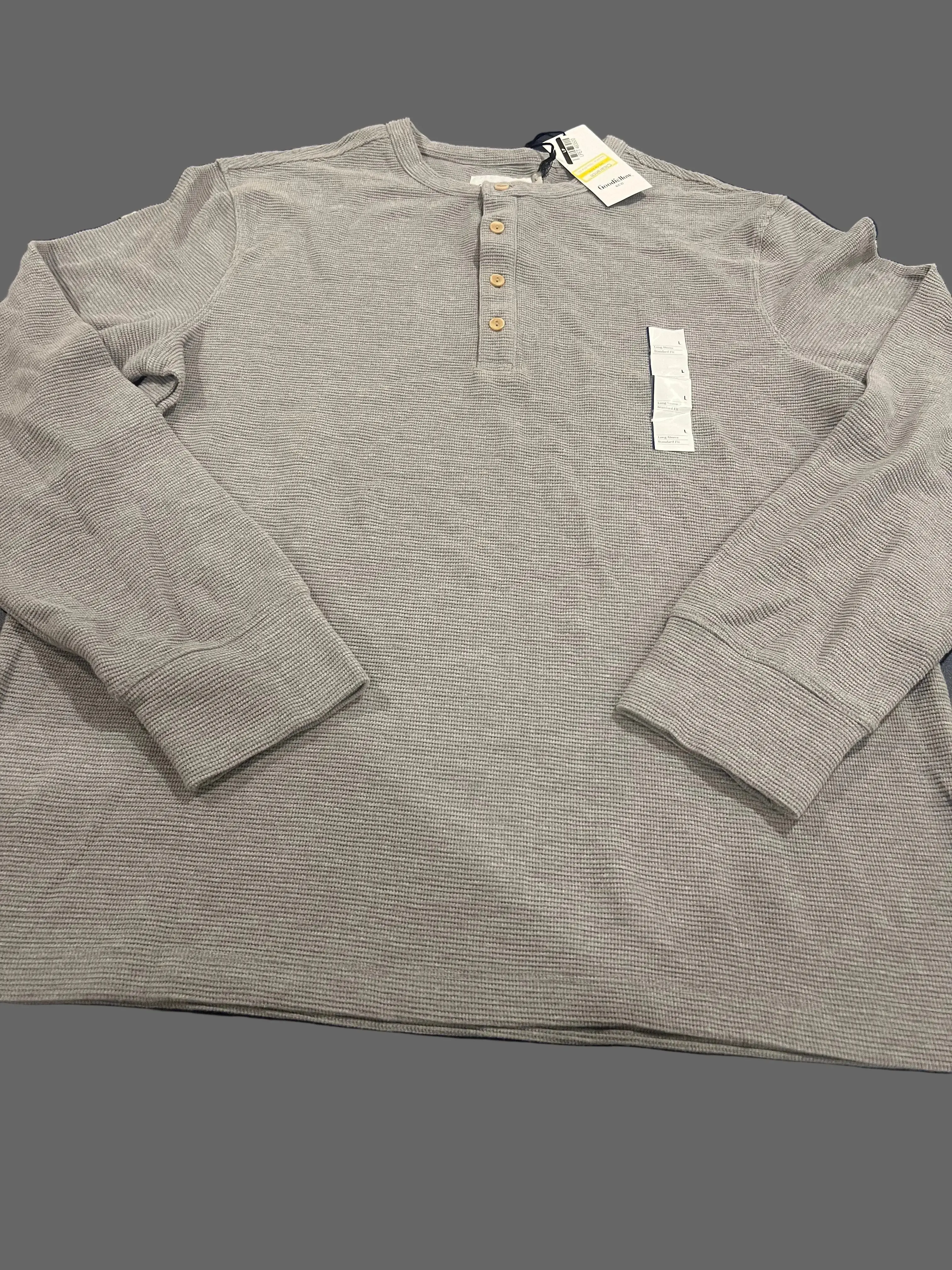Men's Casual Textured Long Sleeve Henley Tops - Plain Grey 4-Button Pullover, Brand New with Tags