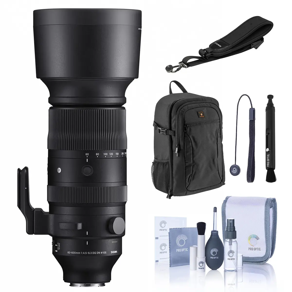 Sigma 60-600mm f/4.5-6.3 DG DN OS Sports Lens for Sony E Bundle with 105mm MC Clear Filter, Backpack, Camera Strap, Lens Cleaner, Cleaning Kit, Lens Cap Tether