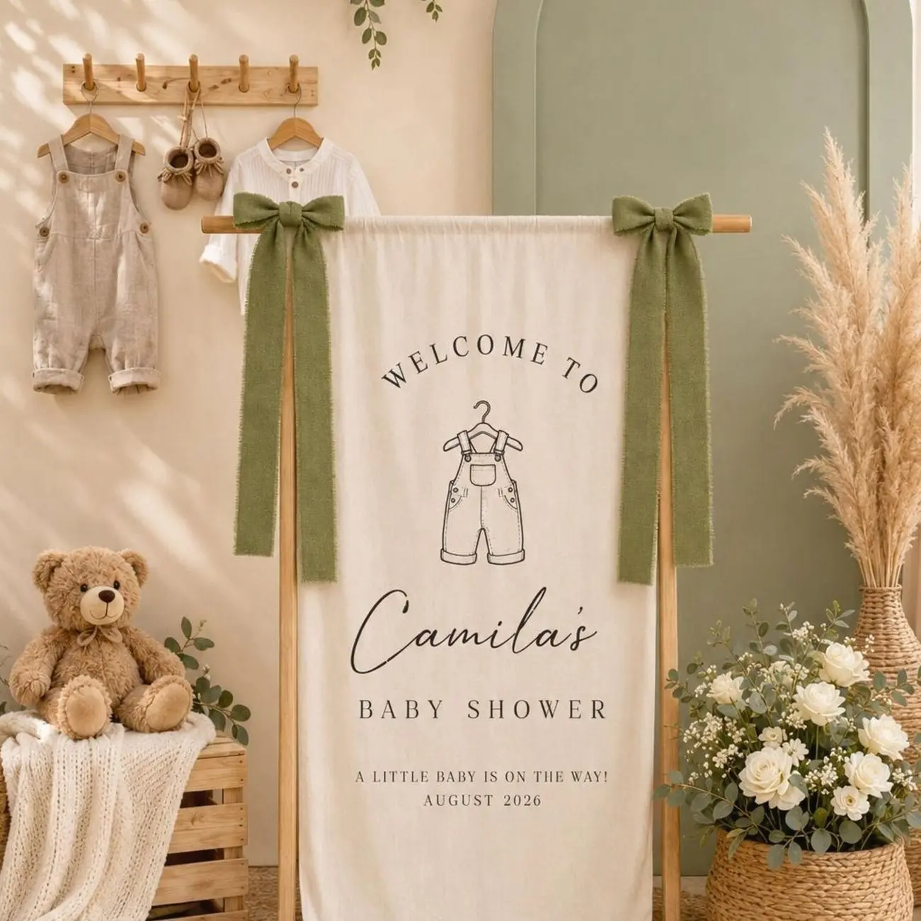 Custom Baby Shower Sign, Personalized Baby Shower Welcome Sign, Linen Fabric Baby Shower Backdrop, Baby Shower Decorations, Hello Baby Sign