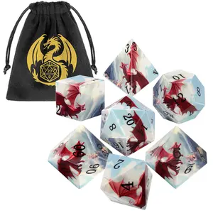 7pcs Dragon Octopus UV Printed Dice Set, Large Plastic Game Dice for Indoor Tabletop Board Role Playing Games, Portable Velvet Bag Included