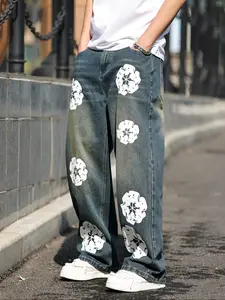 Men's Floral Print Loose-Fit Denim Jeans Pants Y2K Vintage Streetwear Style Blue Wide Leg Jeans with Pockets, Casual All-Season Wear