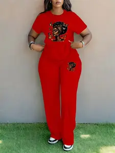 Women's Fashionable Butterfly Print Short Sleeve Top & Wide Leg Pants Set, Elegant Fitted Two-Piece for All Seasons