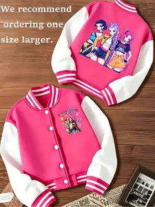We recommend ordering one size larger ,Girls' Short Baseball Jacket, Preppy Cartoon Design, Fitted H-Type, Fall & Winter Outerwear, Elastic Fabric, School Uniform, Outdoor Indoor Activities
