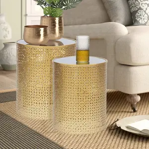 Adeco Gold Nesting Round Side End Tables Set of 2- Coffee Tea Table Mid Century Night Stands for Living Room Bedroom Outdoor (Traditional style)
