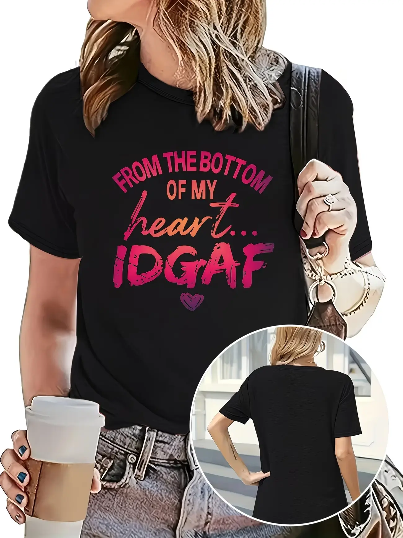 Plus Women Black From The Bottom Of My Heart Idgaf Funny Print T Shirt, Bold Script Humor Tee, Don't Care Attitude Unisex Top, Savage Saying T shirt.