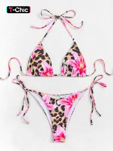 Two-piece Set Women's Floral & Leopard Print Set, Casual Fashion Chic Swimsuit Set for Beach Holiday Vacation, Ladies Swimwear for All Seasons, Bathing Suits, Bikinis Sets, Bikini Outfits, Flower Print Bikini