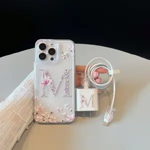 Initials Letter Design Phone Case with Charger Saver & Cable Protector & Storage Rope, Anti-drop Cellphone Protective Case, Total Protective Shockproof Mobile Phone Cover for iPhone, Smartphone Casing