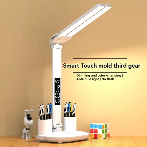 New USB 40 LED Clock Desk Lamp - 32cm Dimmable 2-Head Plastic Light with 180° Rotation, Adjustable Brightness, Eye Protection, Time/Date/Temp Display, Phone Stand, for Children, College Dorm Rooms, Desk Lighting