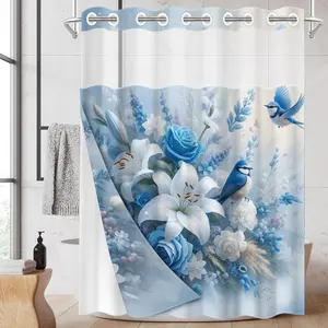 1pc 2D Flat Printing hookless shower curtain hanger liner Blue and White Flowers with Birds Fabric waterproof lining shower curtain with transparent window, double-layer shower curtain, 71 x 74 inches, modern home curtain decoration
