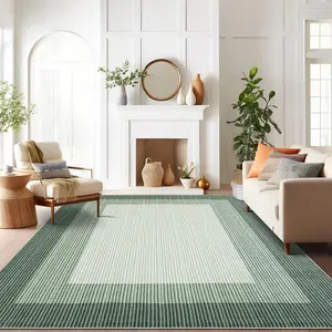 8x10 Washable Rug - Neutral Bordered Living Room Carpet, Non-Slip, Low Pile, Pet Friendly for Dining Room, Farmhouse, Bedroom, Dorm, Green