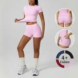 Women's Fast-Drying Workout Outfit 2-Piece Breathable Top & High Waist Shorts Tummy Control Side Pockets Fitness Wear