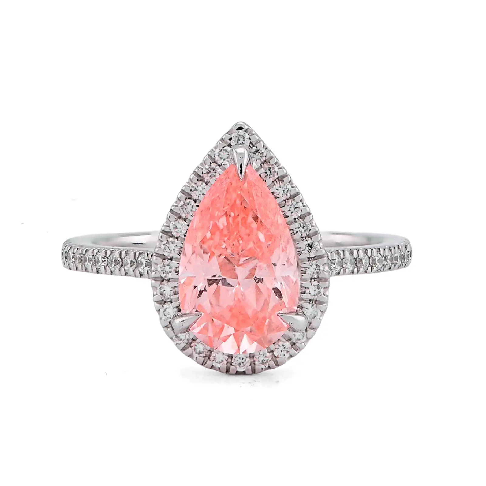 14K White Gold Fancy Pink 2.28CT Pear/Tear Drop Centre Halo Lab Diamond Women Ring