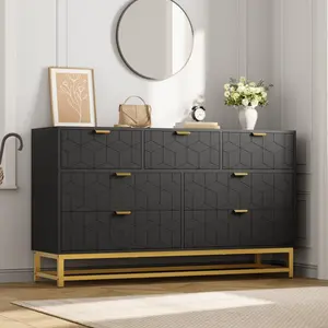 Contemporary 7-Drawer Wide Storage Dresser, Pink Organizer Cabinet with Gold Metal Handles, Large Capacity Multifunctional Storage Furniture for Bedroom Living Room Entryway Hallway