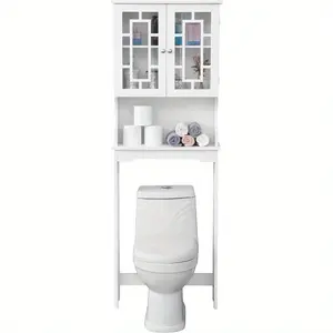 Over-the-toilet storage shelf, wooden bathroom storage cabinet with 2 glass doors and adjustable shelves, suitable for bathrooms, dimensions: 67.1 inches long x 23.6 inches wide x 8.5 inches high, (white)