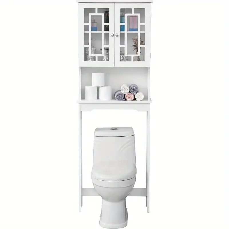 Over-the-toilet storage shelf, wooden bathroom storage cabinet with 2 glass doors and adjustable shelves, suitable for bathrooms, dimensions: 67.1 inches long x 23.6 inches wide x 8.5 inches high, (white)