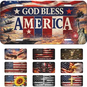 God Bless America Front License Plate Liberty Fireworks Car Vanity Plates Decorative Aluminum Metal Cute Novelty License Plate Cover with 4 Holes for Men Women 6" X 12"