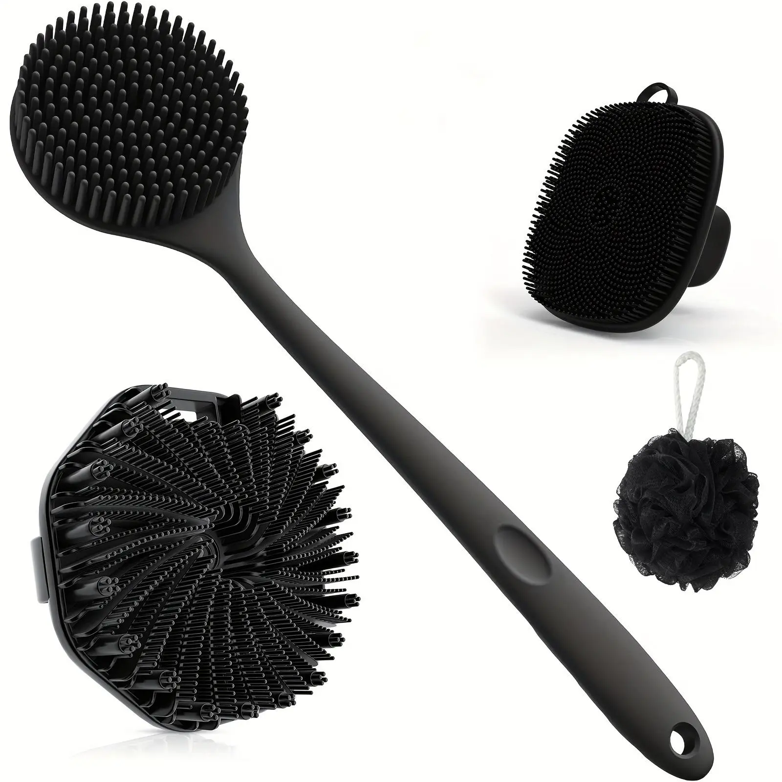 4pcs Silicone Bath & Skincare Set - Dual-Sided Long Handle Back Brush, Facial Cleansing Brush & Soft Bristle Shower Scrubber And Bath Ball - Non-Slip Grip for Deep Clean & Massage, Fragrance-Free