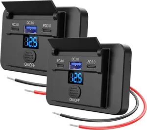 2 Pack 3 Port 12V USB Outlet Surface Mount Lightweight with Voltmeter, Dual USB C 30W and QC 18W Car USB Port 12 Volt Cigarette Lighter Replacement Charger Socket Panel with Button Switch for RV Bus
