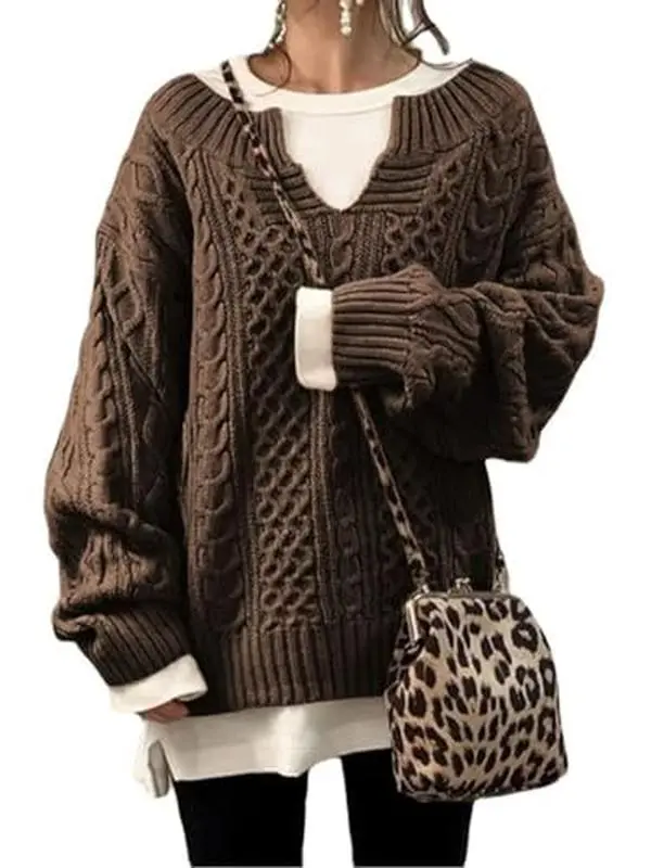 Ebossy Women's Winter Chunky V Neck Long Sleeve Loose Cable Knit Sweater Pullover