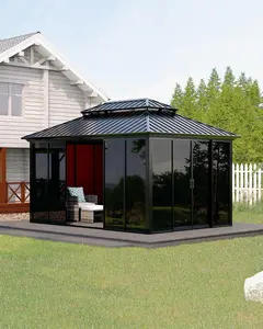 Gaomon 10FT x 14FT Hardtop Wood Gazebo, Clear Acrylic Wall All-Weather Canopy Patio Tent with Double Metal Roof, Heavy-Duty Wooden Frame for Patio, Backyard