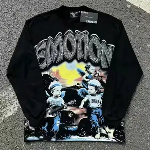 MIXED EMOTION Unisex Long Sleeve T-shirt, Pure Cotton Oversized Full Print High Street Hip Hop Graphic Tops for Men Women Casual Wear