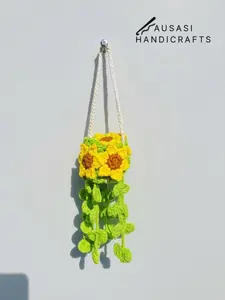 Crochet Sunflower Hanging Pot (Dark Green)
