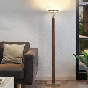 Tambo Torchiere Floor Lamp - Dark Walnut Wood Finish, Weathered Brass, Dimmer