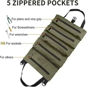 Tool storage bag, Tool organizing bag, Tool bag, suitable for electricians and mechanics, hand-held roller blind design, multiple compartments, adjustable shoulder straps, wear-resistant fabric, zipper closure, easy to organize manual tools