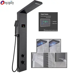 Onyzpily Luxry Black LED Shower Panel with Dual Holder for Hot and Cold Water, Triple Handle Control and Stainless Steel Surface Finishing