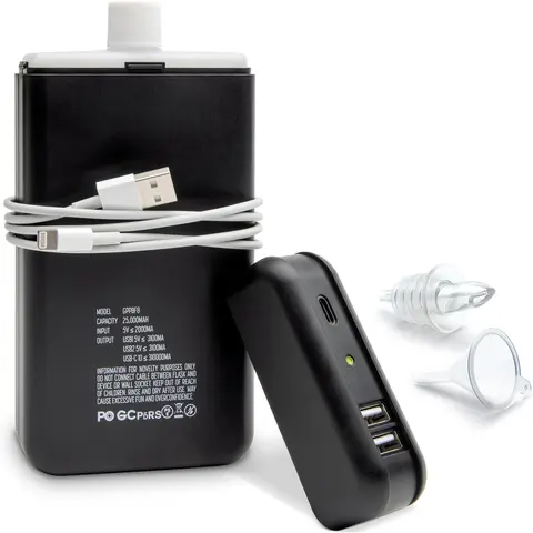 8 oz Rectangular Aluminum Sealed Hidden Leakproof Power Bank Flask Bottle - Portable Kitchenware Drinkware, Includes Cap, Messfree Funnel, Easy-Pour Spout, Fake Power Cable, Clean Fill Guides, for Concerts, Clubs (Leakproof Seal Verify: 0/1)