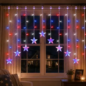 Red White & Blue Star Icicle Curtain Lights | 9.8ft 118 LEDs, Battery Operated Batteries Not Included, Waterproof 8 Modes Timer Connectable Indoor Outdoor Decor