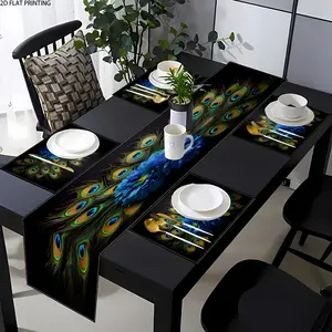 2D flat printing, 1 piece/4 pieces/6 pieces/8 pieces/5 pieces set/7 pieces table flag kitchen decorative placemat set, peacock wide bird feather pattern design, suitable for kitchen, catering, coffee table, party, wedding, home decoration