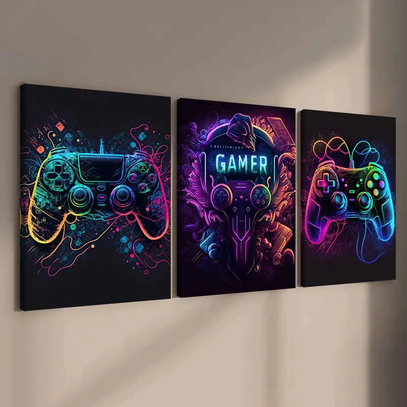 Game Console Neon Pattern Canvas Painting with Frame, 3 Counts/set Creative Cool Wall Art Poster, Wall Art Print, Wall Art Decor for Home Living Room Bedroom Office, Gift