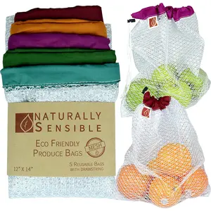 The Original Eco Friendly See through Washable and Reusable Produce Bags - Soft Premium Lightweight Nylon Mesh Large - 12X14In - Set of 5 (Red, Yellow, Green, Blue, Purple) Naturally Sensible