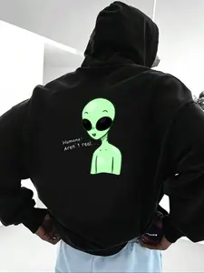 Men's Cartoon Alien & Letter Print Drawstring Hoodie, Casual Loose Long Sleeve Pocket Hooded Sweatshirt for Fall & Winter, Men's Clothes for Daily Wear