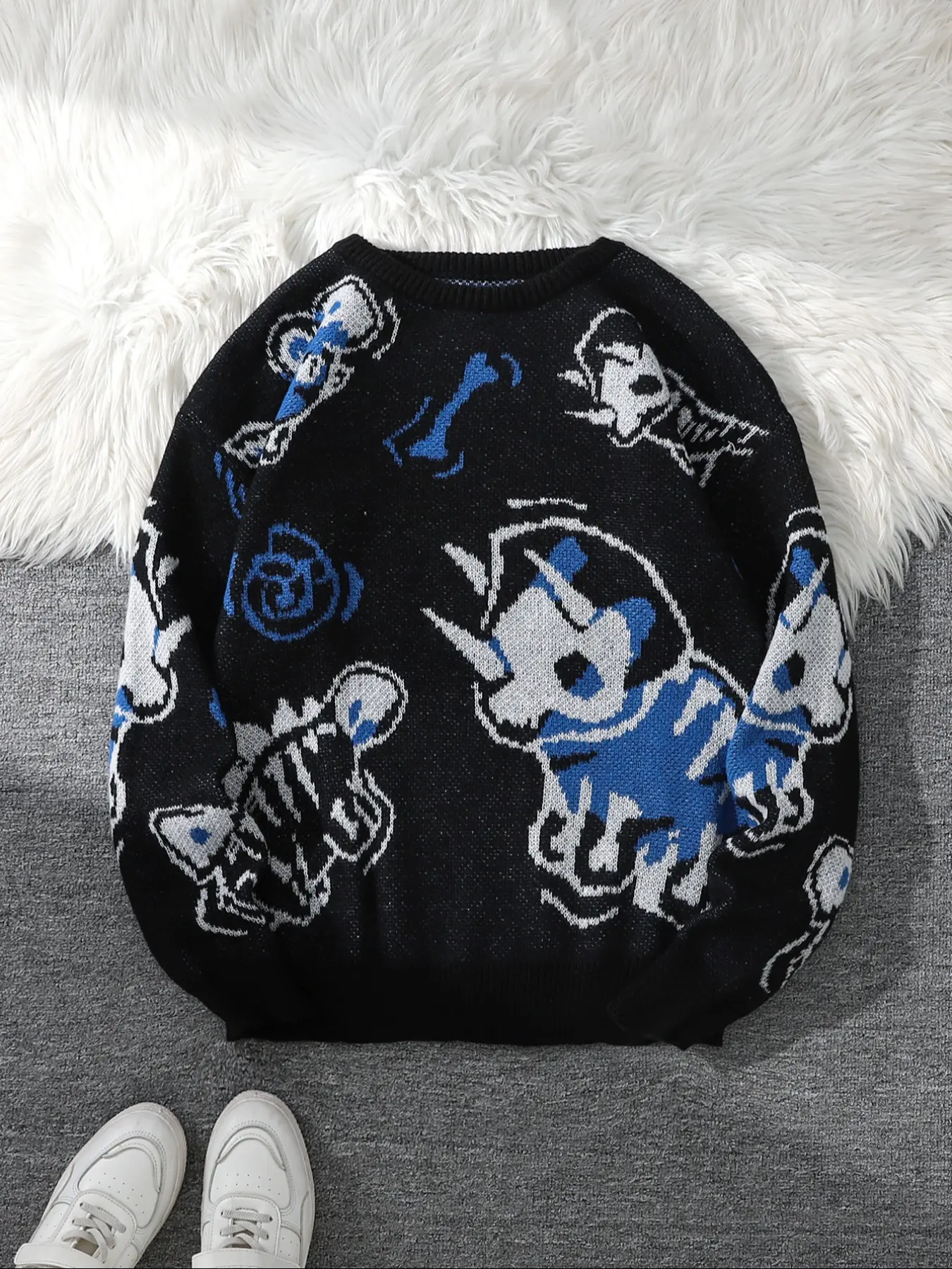 Dragon Roar Jacquard Two-Sided Pattern Pullover Sweater, Casual Round Neck Soft Knit Men's Hoodie, Fitted Animal Style for Spring & Fall Knitwear