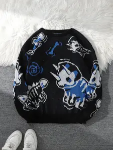 Dragon Roar Jacquard Two-Sided Pattern Pullover Sweater, Casual Round Neck Knit Men's Hoodie, Fitted Animal Style for Spring & Fall