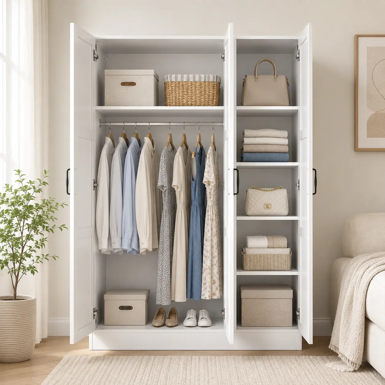 Triple-Door White & Black Wardrobe Closet, Large-Capacity Bedroom Armoire with Hanging Rod, Adjustable Shelves, Space-Saving Home Storage Cabinet