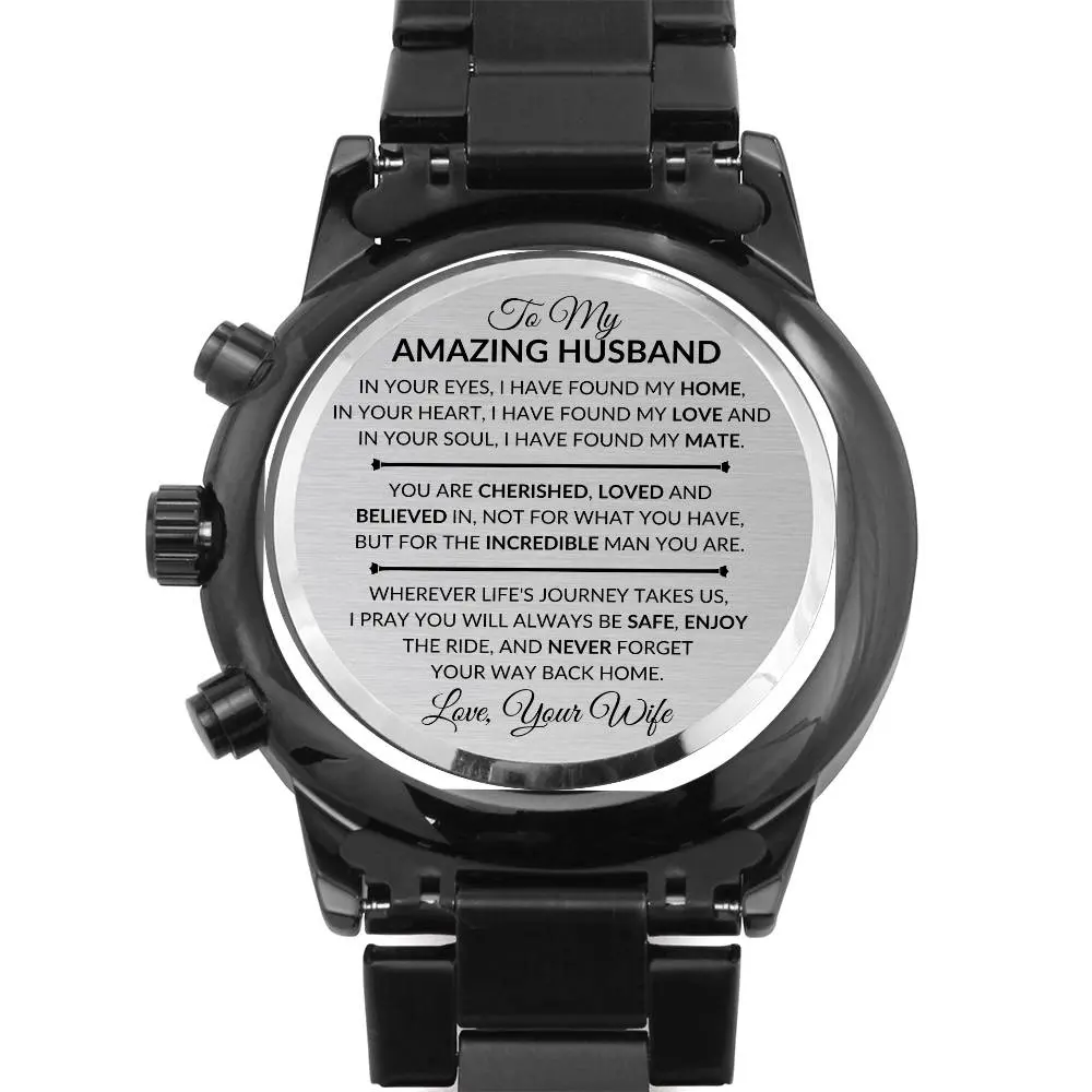 Custom-Engraved Black 38mm Chronograph Men's Watch with Copper Accents, Calendar, Clasp + Watch Box - Husband Gift From Wife, Perfect Birthday or Christmas Present For Him, Custom-Engraved Message, Quartz, Luxury Pointer, Three-Dials